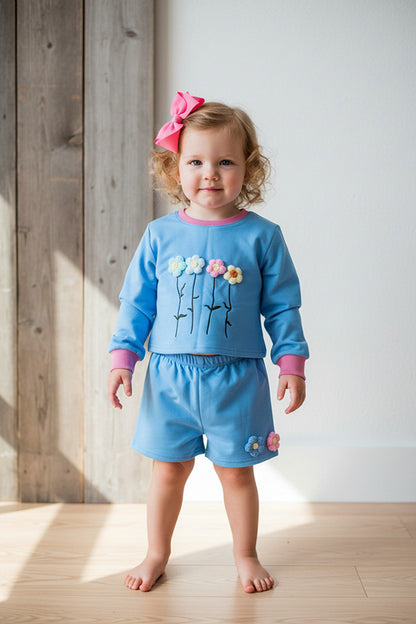 Flower embroidery blue short style pullover sweatshirt & short 2pc girls sets DLH2816