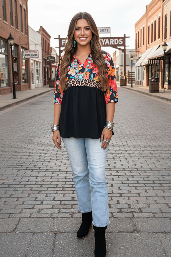 Floral & leopard & black color block half sleeves women top GJQ16303