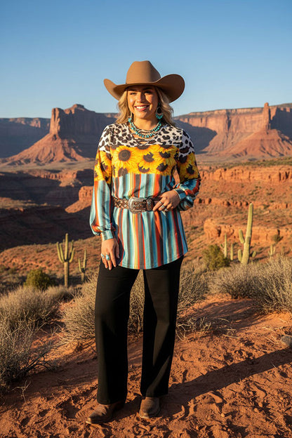 Western serape cow & sunflower printed long sleeve women top XCH13790