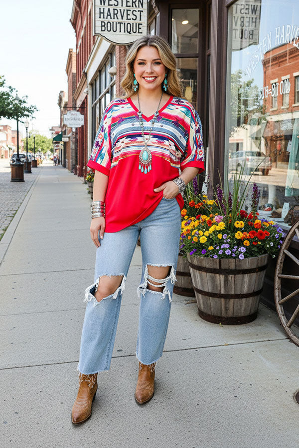 GJQ9673-1 Bull/Aztec Fuchsia printed short sleeve top