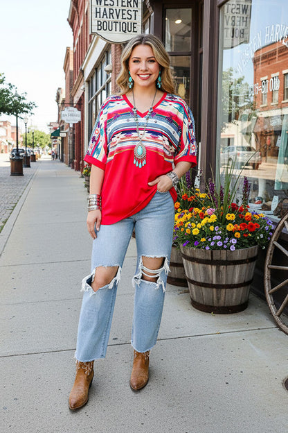GJQ9673-1 Bull/Aztec Fuchsia printed short sleeve top