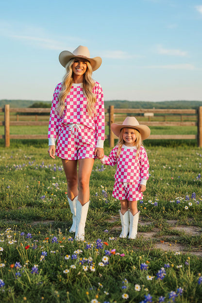 Pink checkered printed long sleeve top & shorts 2pc girls sets XCH04047