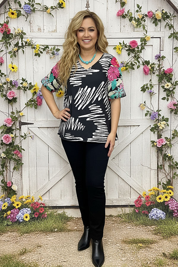 Flower embroidery puff short sleeve women top XCH16778