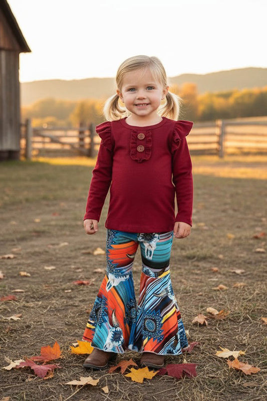Western burgundy long sleeve top & serape bell bottom girls boutique set DLH2700