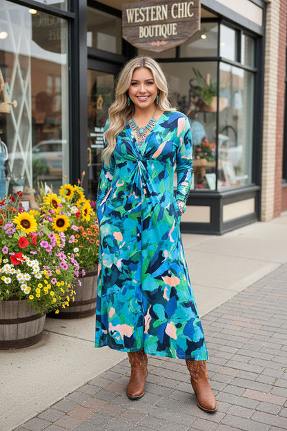 Bule painting printed twist long sleeve women dress w/v-neckline BQ16322