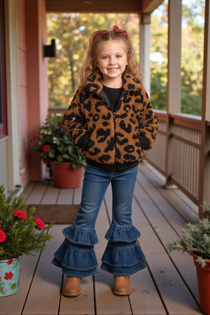 Black/brown leopard sherpa girls jacket (A11S3) DLH2644
