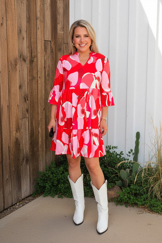 Pink graphic printed 3/4 sleeve w/ruffle women dress GJQ15824