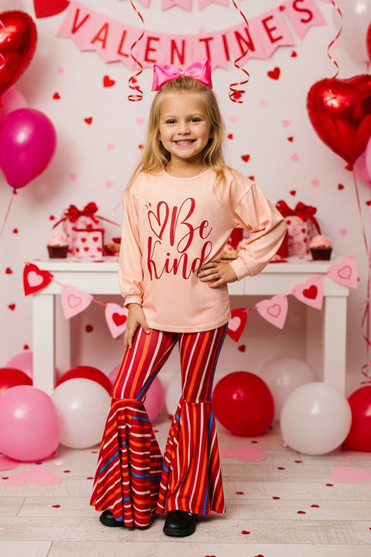 XCH0018-14 "Be Kind" heart print top & striped bell bottom 2pc girls sets