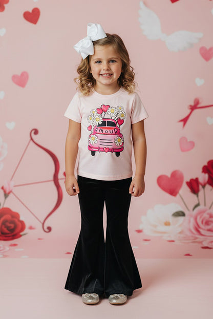 Cute AMOUR car & hearts print top & velvet black bell bottom girls sets D2591