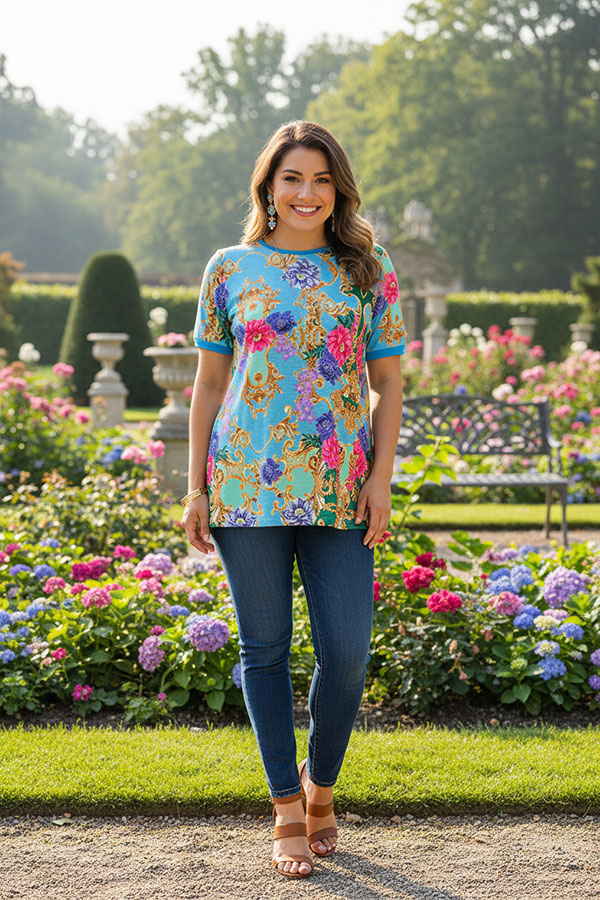 Women's t-shirt wholesaleTurquoise pink & purple floral gold printed short sleeve top GJQ13637