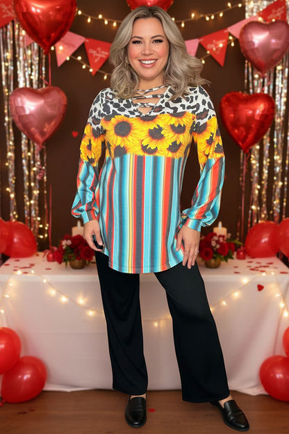 Western serape cow & sunflower printed long sleeve women top XCH13790