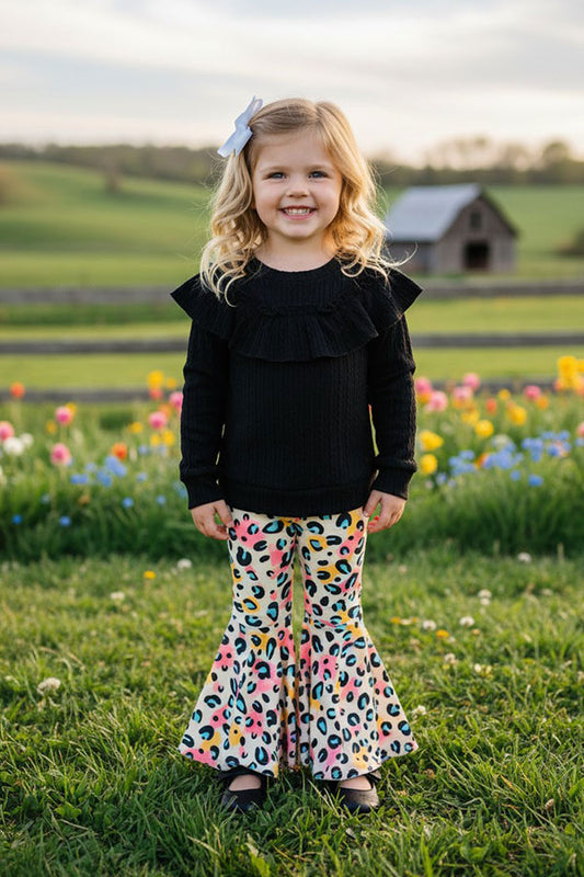 XCH0024-1H Wholesale black ruffle top colorful leopard pant girls clothing sets
