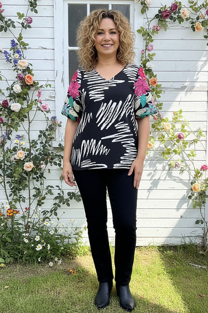 Flower embroidery puff short sleeve women top XCH16778