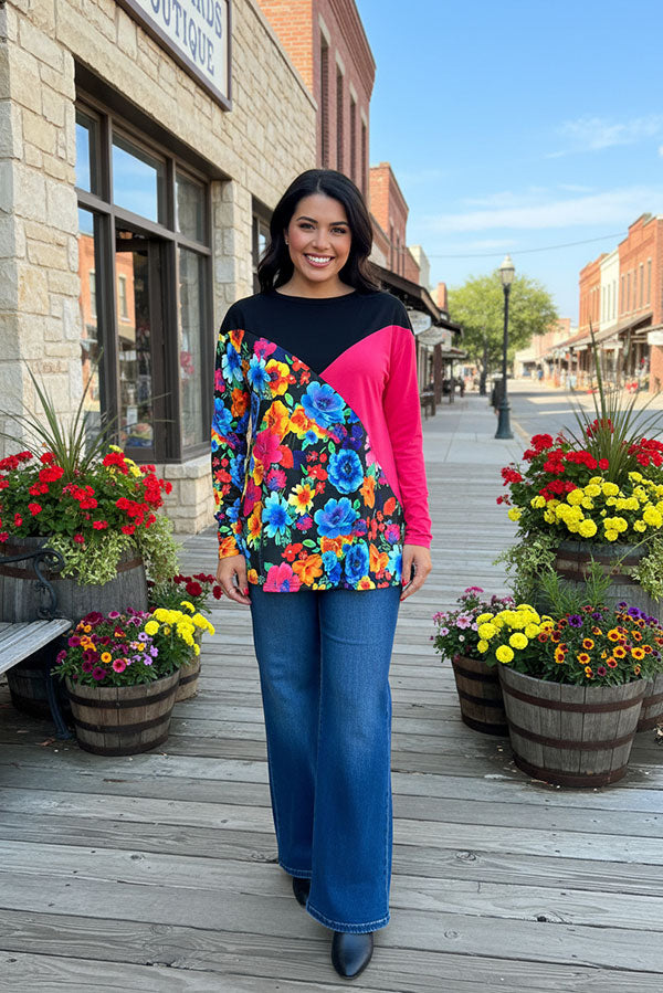 Floral & black & fuchsia color block long sleeve women blouse XCH13960 HS1