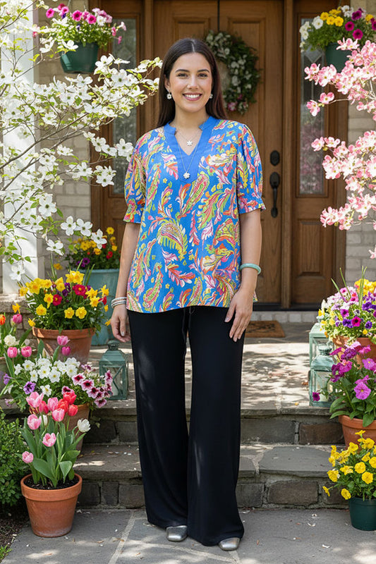 Paisley printed puff short sleeve split neck boutique clothing suppliers GJQ16574