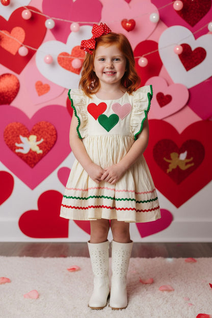 Red pink green hearts & green pompoms cream girls dress DLH2886