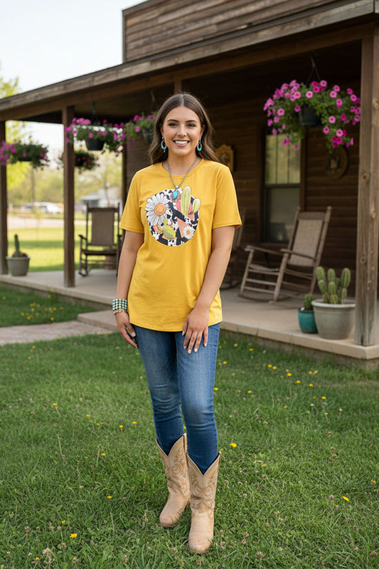 DLH10487 Yellow cow peace sign & cactus sunflower printed short sleeve women t-shirt