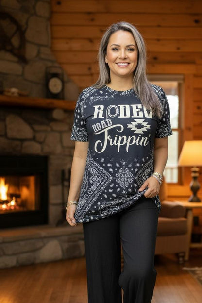 XCH14181 Rodeo Road Trippin paisley black short sleeve women top