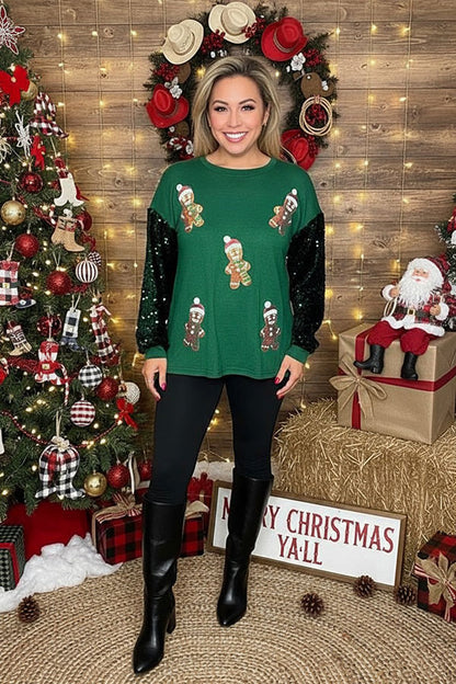 Christmas sequin patch green sequin long sleeve women shirts XCH16634
