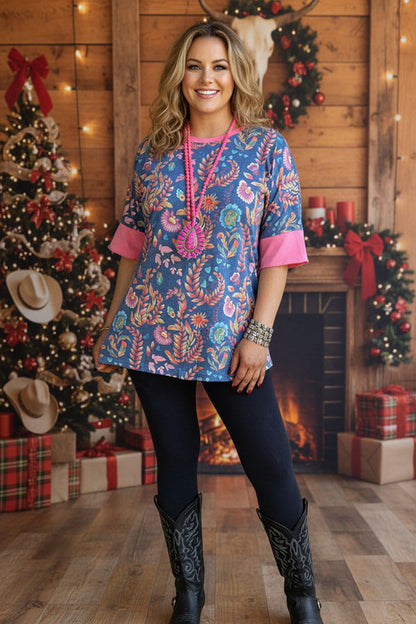 Paisley printed light pink sleeve trim short sleeve women tops GJQ14011