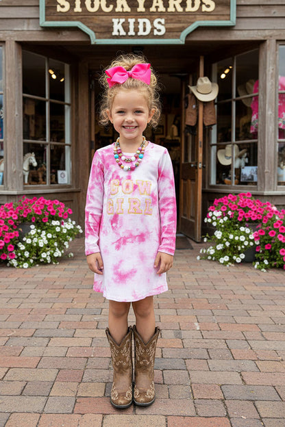 D2653 COWGIRL embroidery pink tie dye knit cotton long sleeve girls dress
