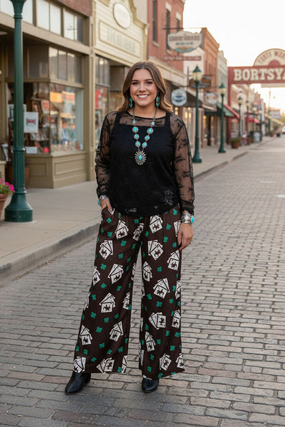 Western cowboy printed wide leg women pant XCH16879