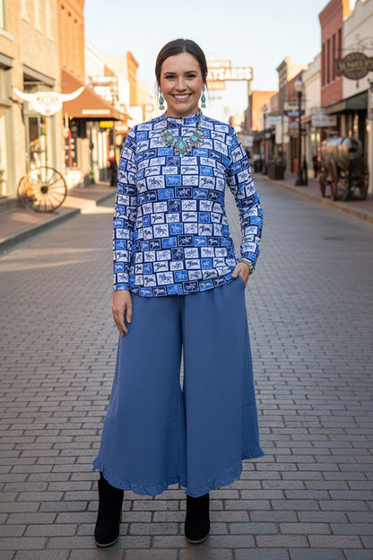 Blue Horse Stamp Printed Sheer Mesh Long Sleeve Women Top XCH16584