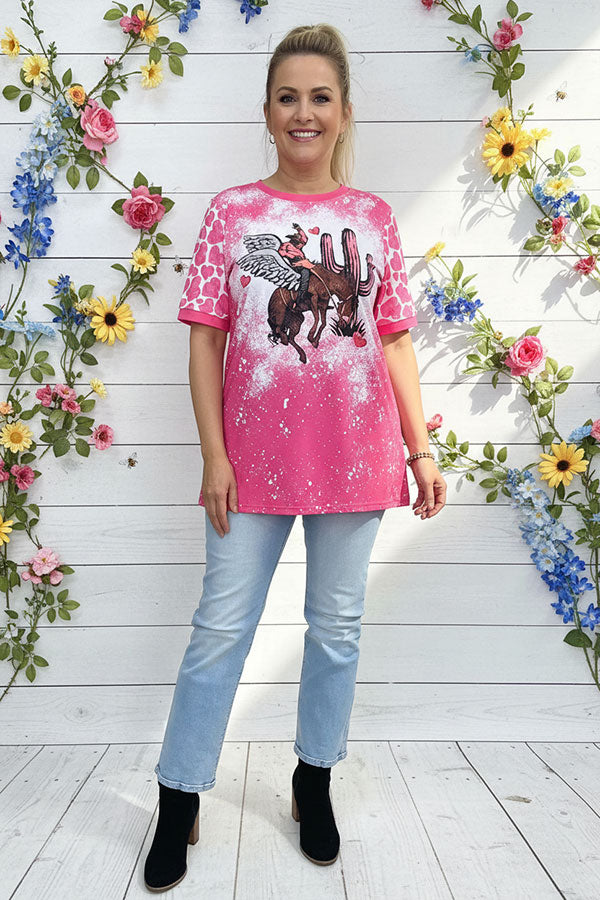 Cowboy riding horse printed short sleeves fuchsia women top XCH14568