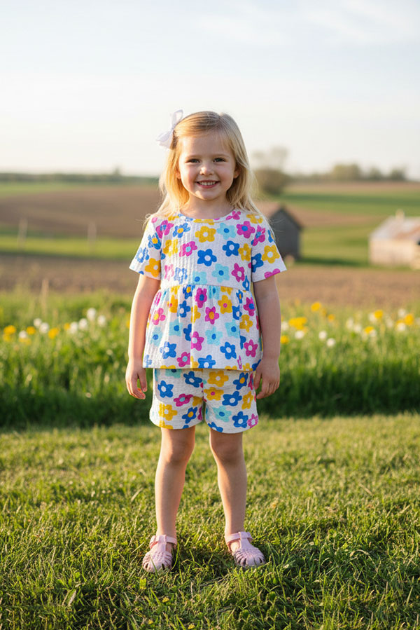 Shop Floral printed short sleeve top & shorts 2pc girls sets XCH04023