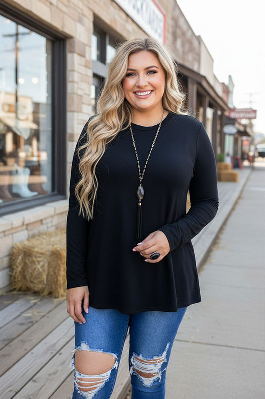 Solid black long sleeve stretchy women t-shirt YMY15530