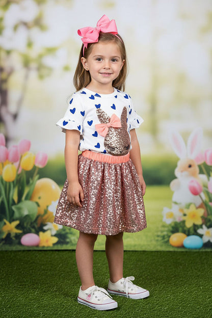 Easter sequin bunny embroidery top & sequin skirt/inside shorts 2pc girls sets XCH04022