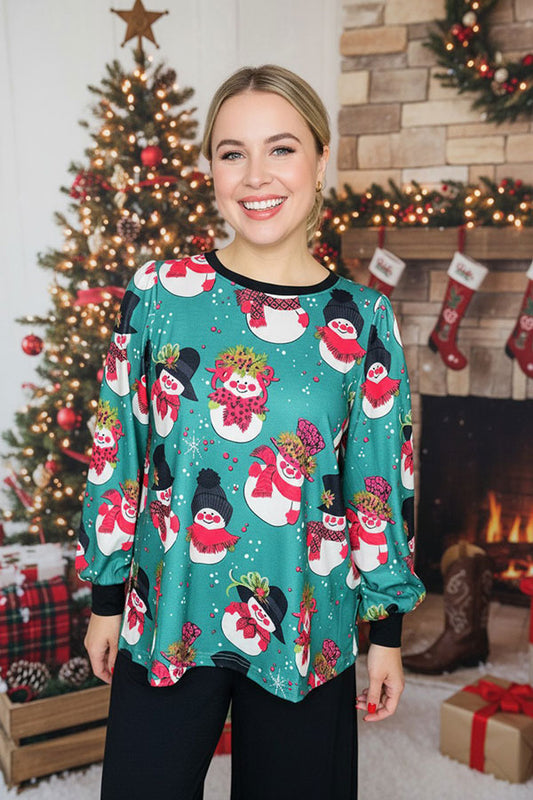Christmas snowman printed lantern long sleeve women blouse XCH16510