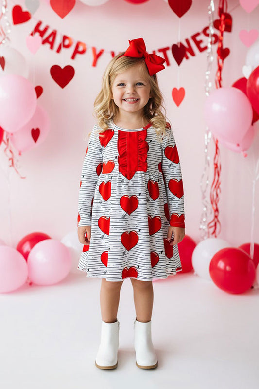 XCH0017-15H Red hearts & stripe printed long sleeve girls dress w/front ruffle
