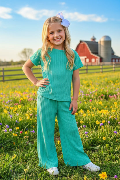 Knit turquoise top & pant 2pc girls sets XCH04010