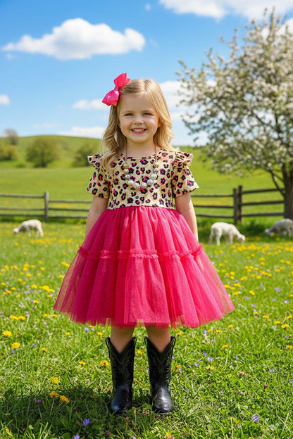 Leopard & tulle swirl girls dress w/tie belt XCH0017-17H