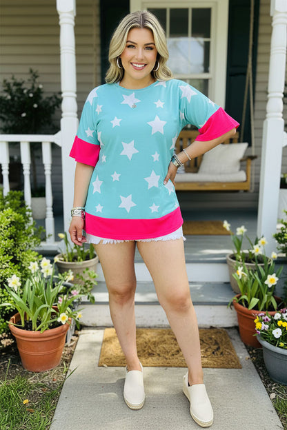 GJQ9799-2 Blue w/white stars print short sleeve w/fuchsia trim women top