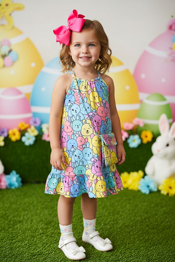 Easter Multi color rabbits printed sleeveless girls dress w/bag XCH07001