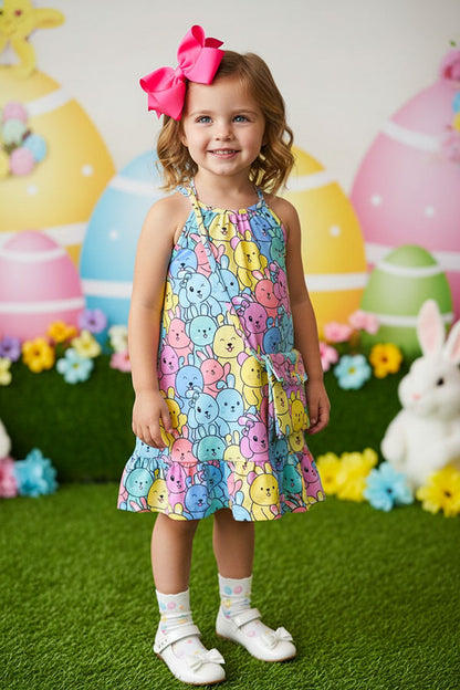 Easter Multi color rabbits printed sleeveless girls dress w/bag XCH07001