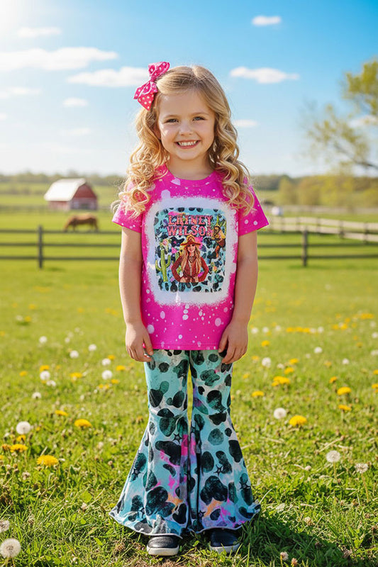 Pink short sleeve top bell bottom printed pant 2pcs girls set DLH2735