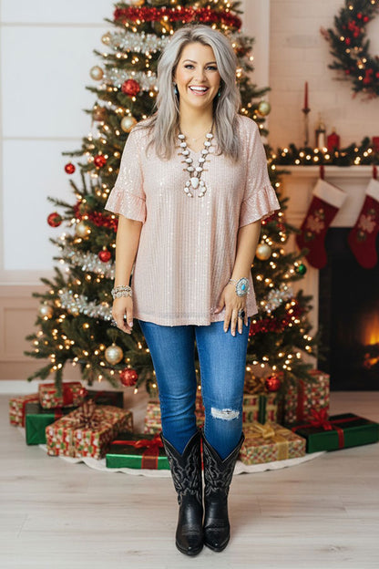 Shop Pink sequin w/ruffle short sleeve women blouse XCH15277-1