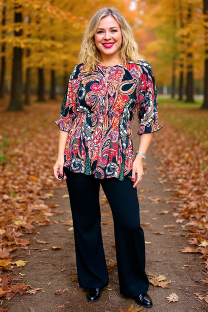 Western plus size paisley printed 3/4 sleeve women top w/criss cross neckline GJQ16384