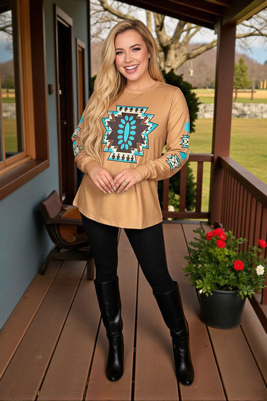 Western aztec printed long sleeve tan women shirt XCH16705