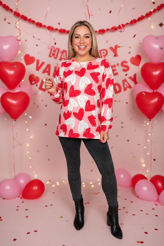 Valentine red & white hearts prints pink long sleeve women shirt BQ15307