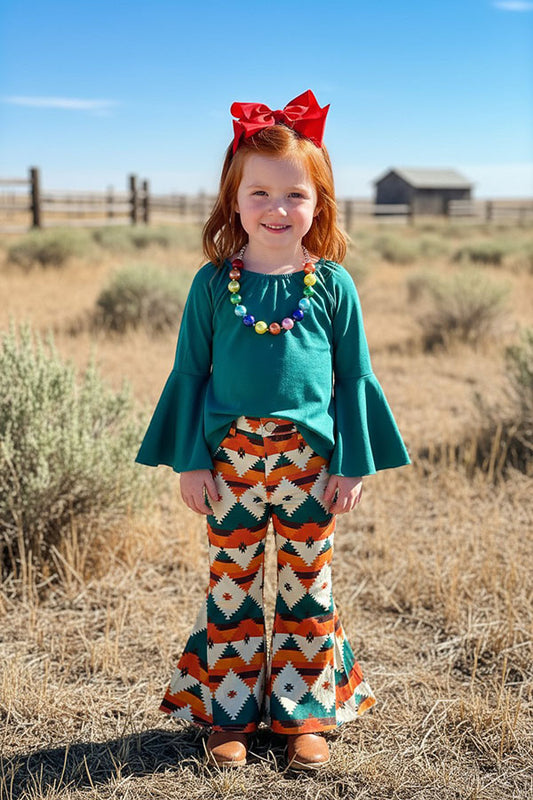 DLH2829 Green off shoulder top aztec denim jeans girls clothing sets