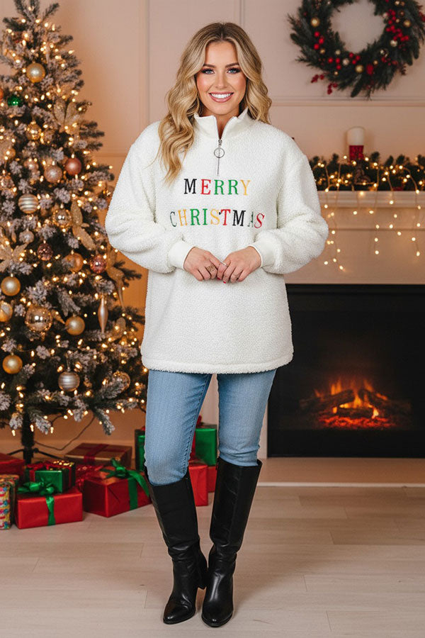 "MERRY CHRISTMAS"embroidery sherpa women coat with zipper BQ15440