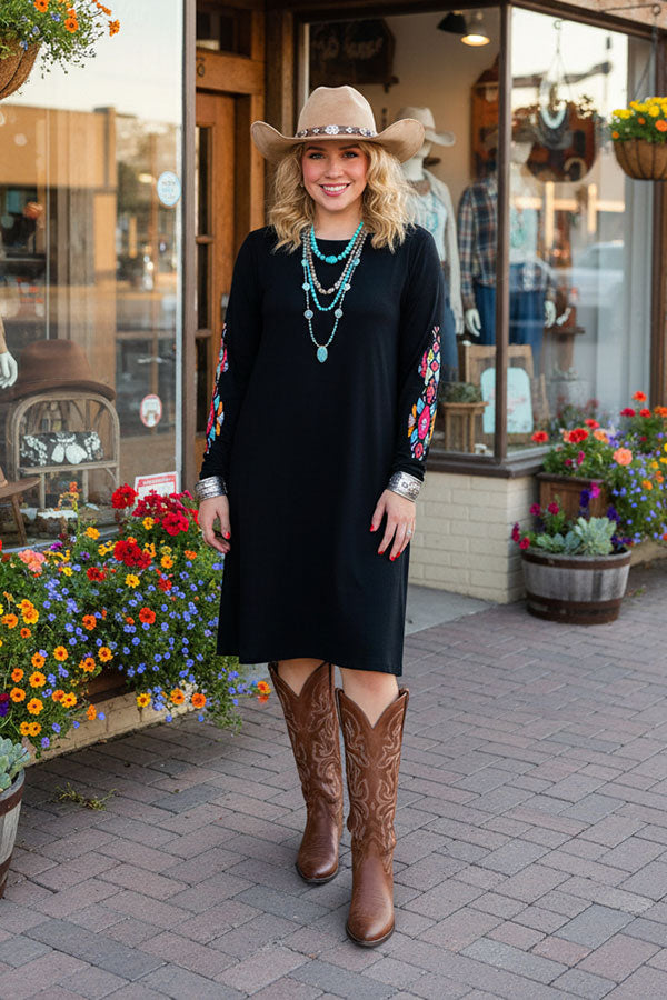 Aztec embroidery long sleeve black women dress w/side pocket BQ15496