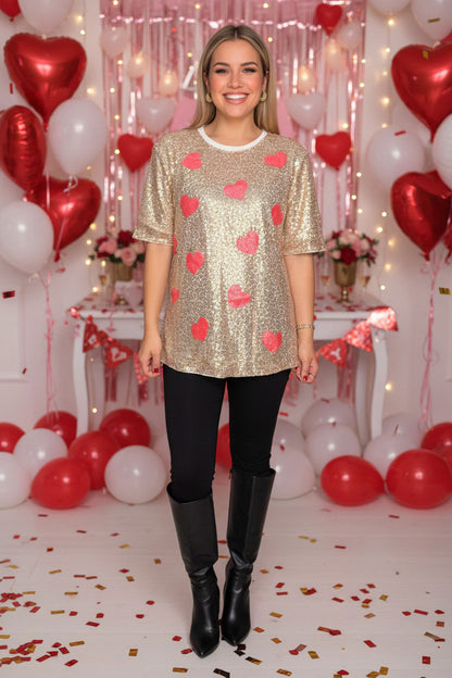 Gold sequin w/heart short sleeve women tops DLH14785