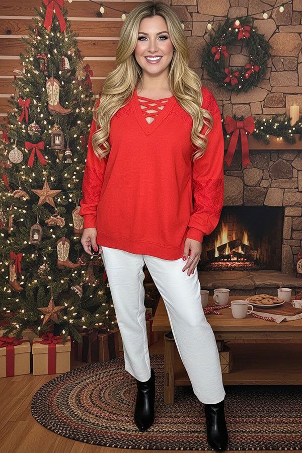 Red knit fabric lace patch long sleeve women blouse w/criss cross neckline BQ15976