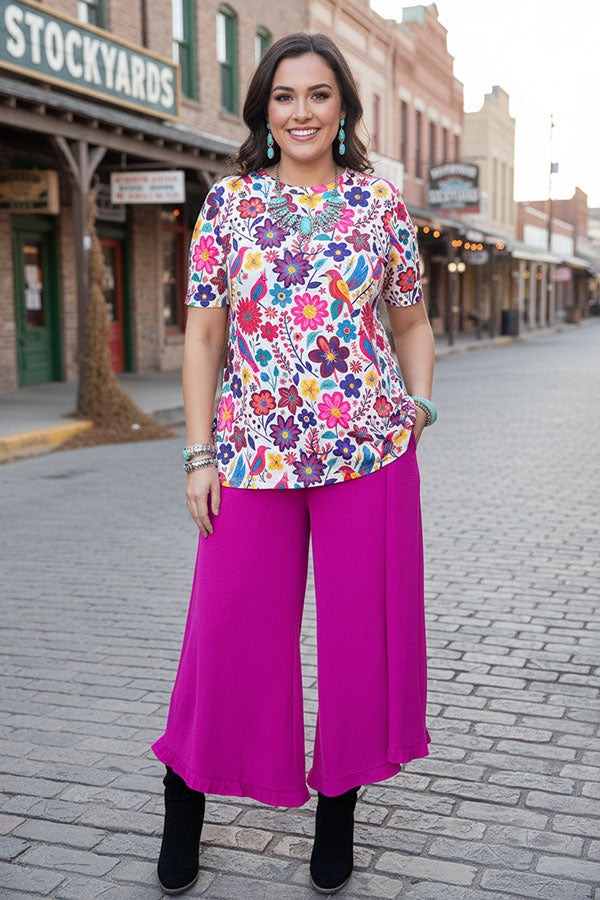 Solid color fuchsia ruffles wide leg women pant XCH16820