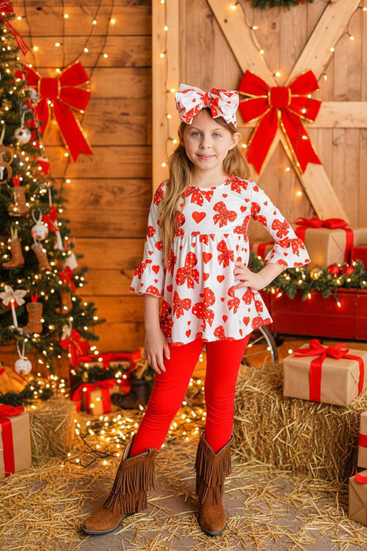 Red hearts & bows printed ruffle sleeve top & legging 3pc girls sets X06001